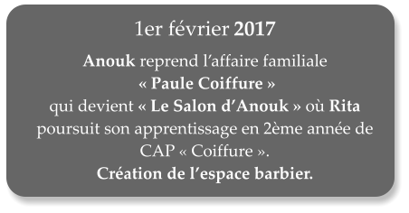 1er fvrier 2017  Anouk reprend laffaire familiale  Paule Coiffure  qui devient Le Salon dAnouk o Rita poursuit son apprentissage en 2me anne de CAP Coiffure.  Cration de lespace barbier.