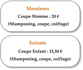 Messieurs   Coupe Homme : 20  (Shampooing, coupe, coiffage) Enfants   Coupe Enfant : 15,50  (Shampooing, coupe, coiffage)